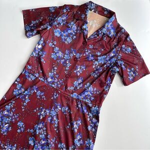 Vintage Brown and Violet Floral Midi Dress A Line Short Sleeves Women’s Size M